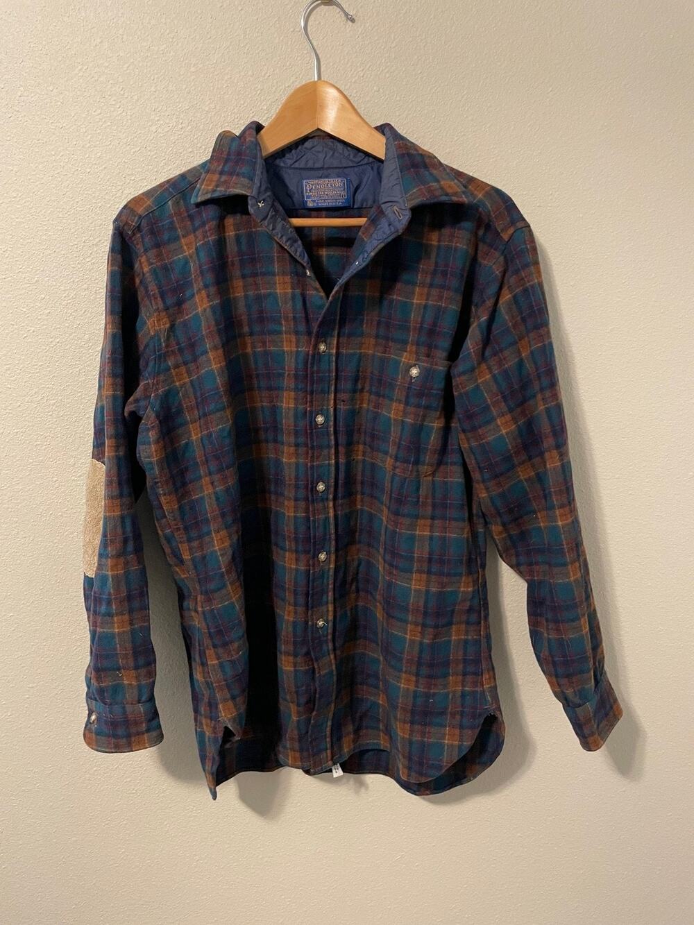 Vintage Pendleton Shirt Mens Large Blue Plaid Wool Elbow Patches Button Up FLAWS